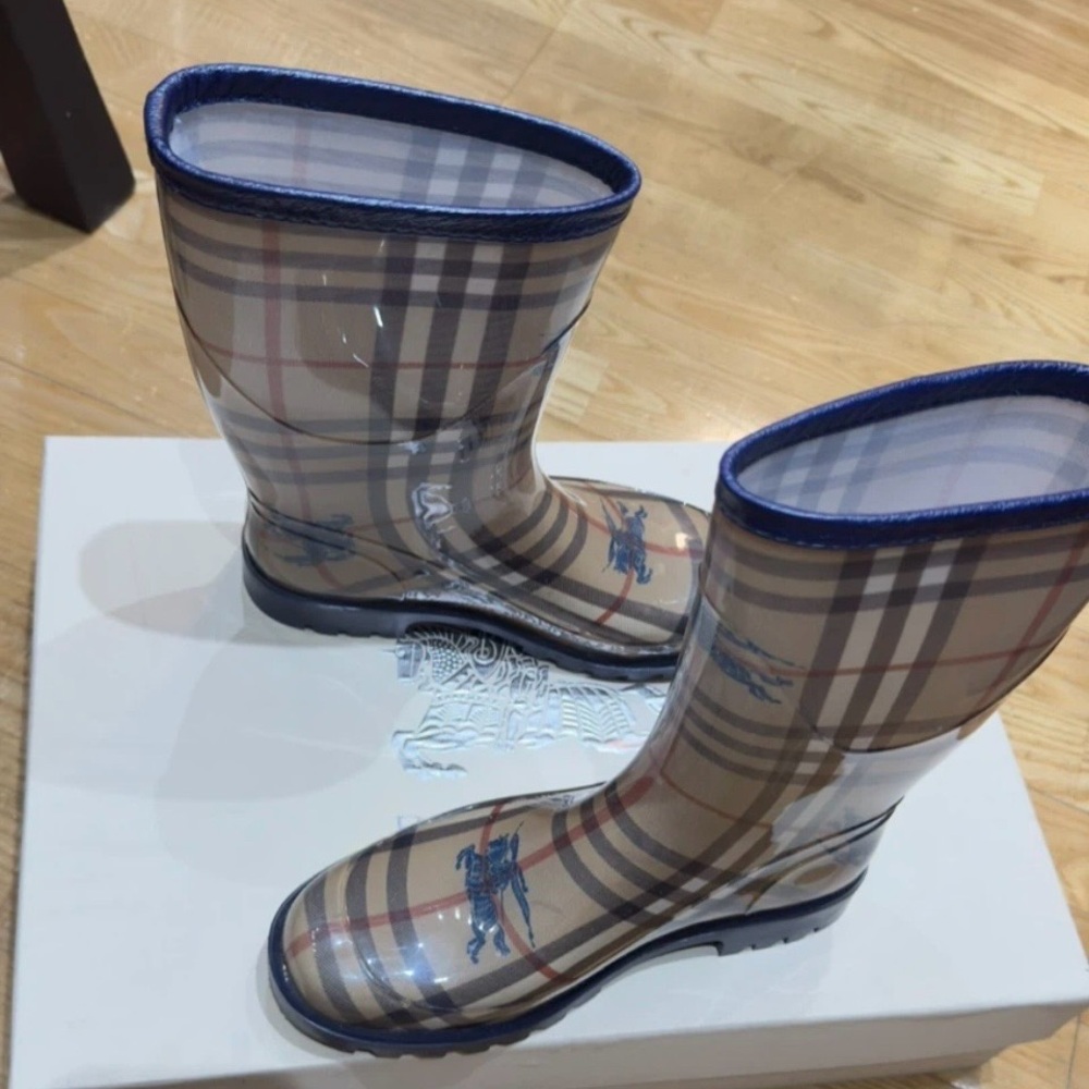 Burberry Plaid Winter Rain Boots - Tan and Blue